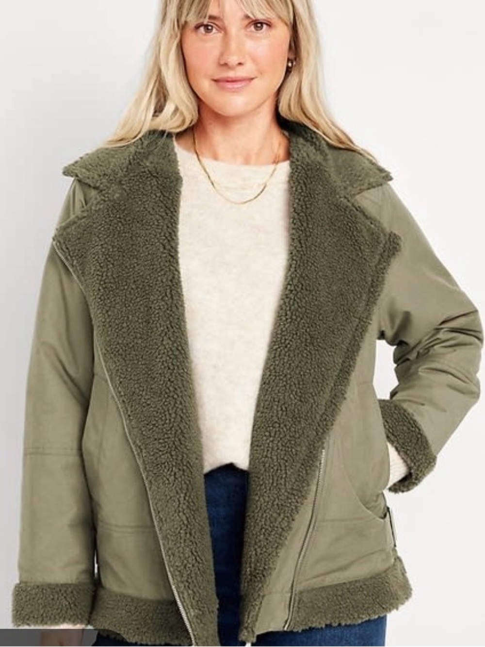 Old Navy Olive Green Sherpa-Lined Utility Aviator Jacket Medium